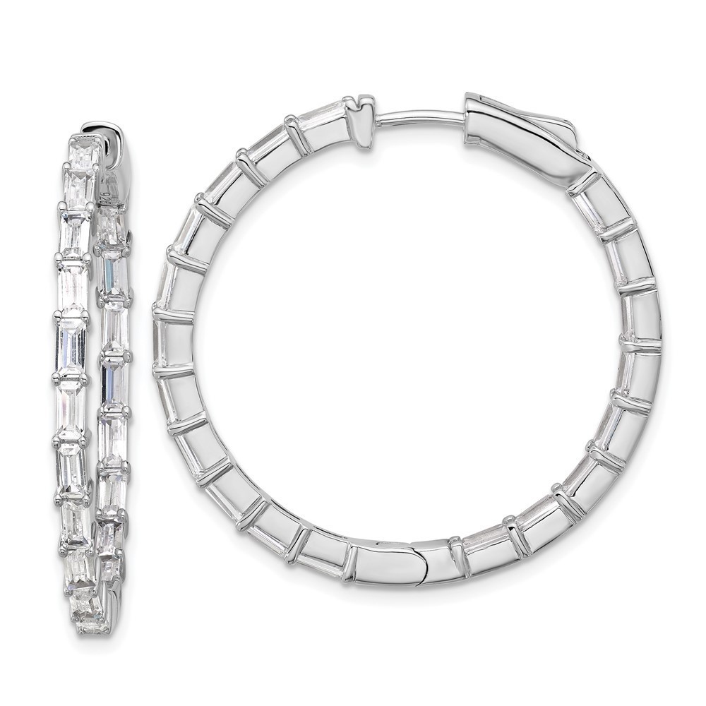 925 Sterling Silver 4mm x 2mm CZ 38 Stone In and Out Hinged Hoop Earrings